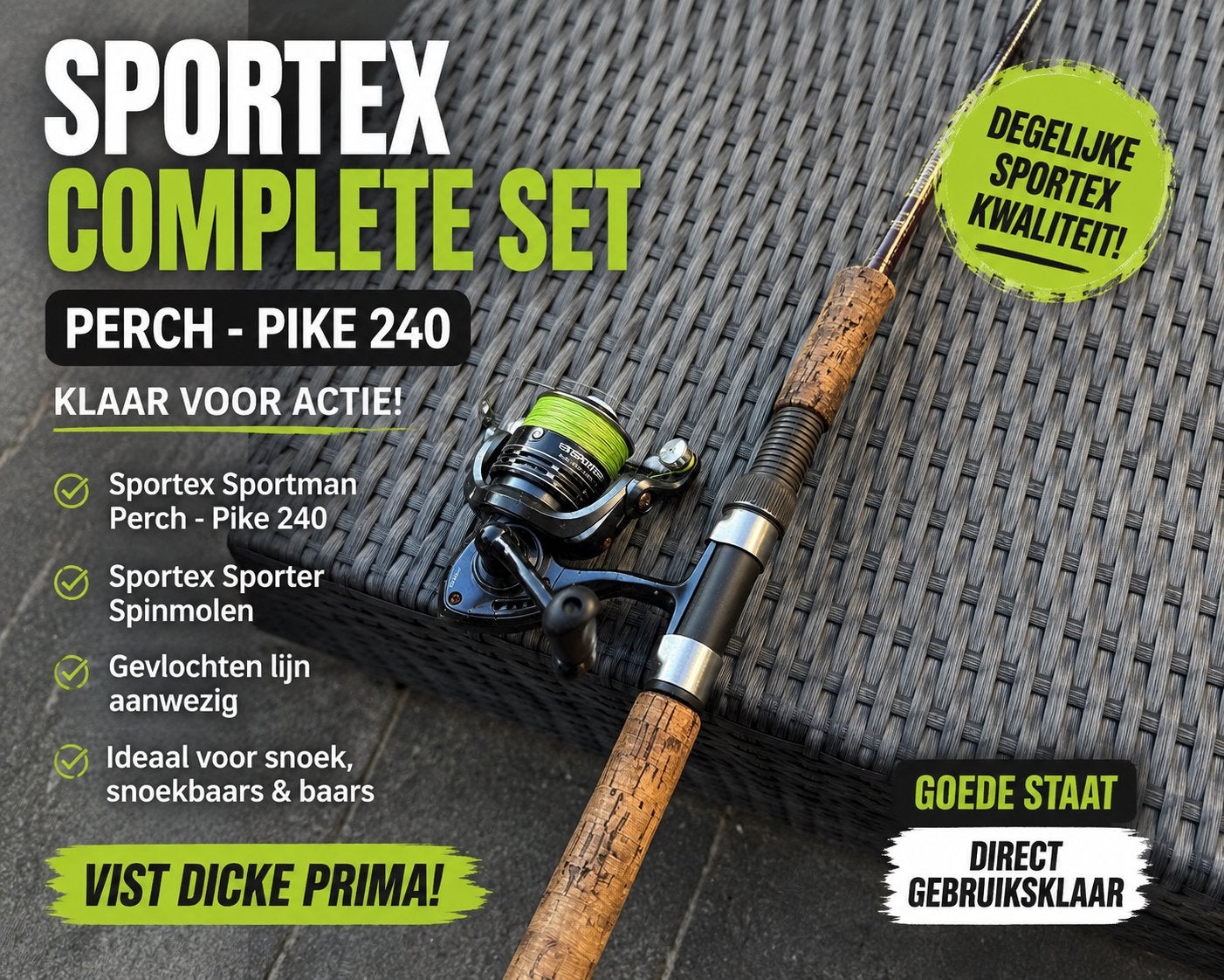 Sportex Sportman Perch-Pike 240 + Sportex Sporter spinmolen, Ophalen, Gebruikt, Werphengel