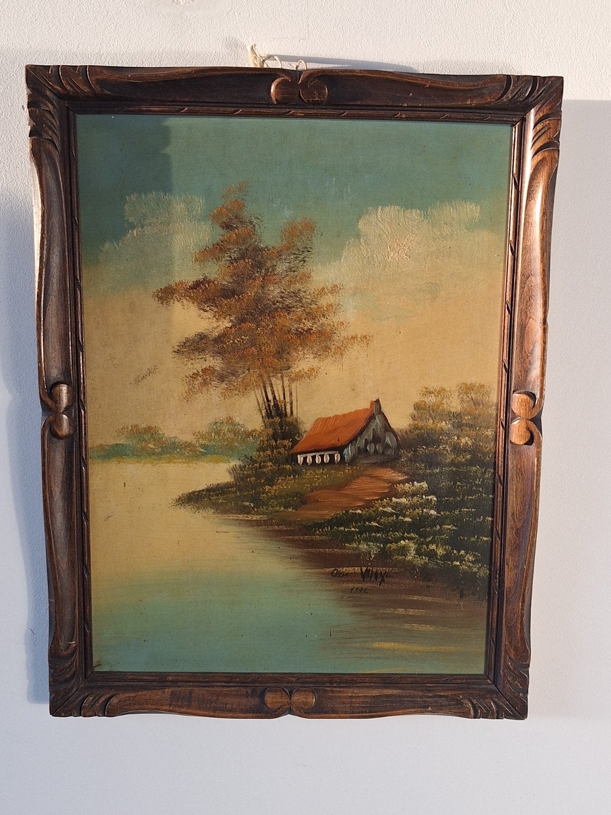 Olieverfschilderij Landschap met huisje en water, Antiek en Kunst, Ophalen of Verzenden