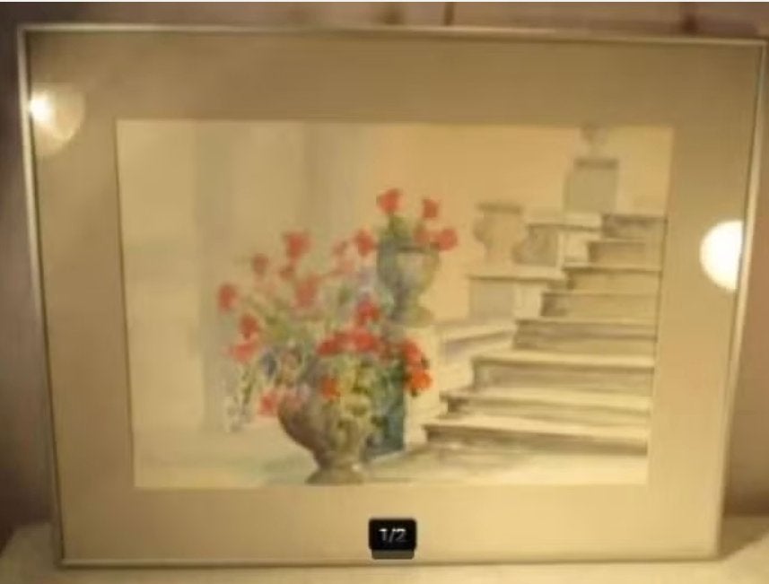 Mooi geschilderd Aquarel 'Bloemen bij Trap' - Erica Oort, Antiek en Kunst, Bloemen, Gesigneerd, Ophalen of Verzenden, Aquarel