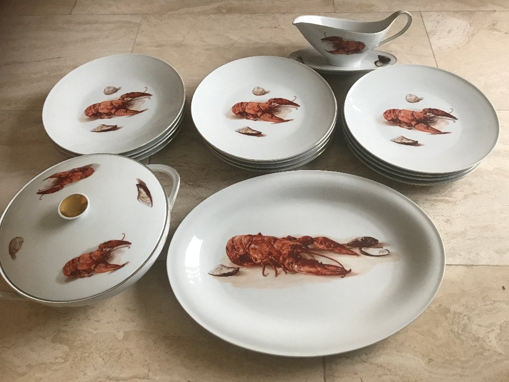 compleet 15-delig kreeften servies (Mitterte Bavario 65), Antiek en Kunst, Antiek | Servies compleet, Ophalen