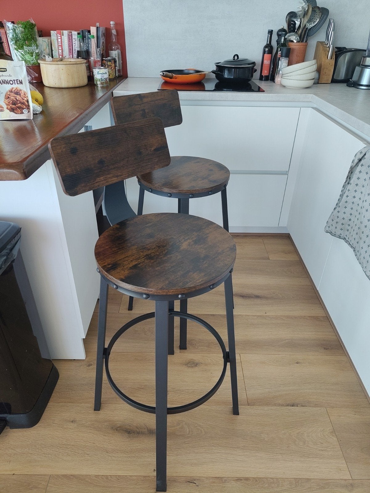 Set van 2 industriële barkrukken met rugleuning, Gebruikt, Met voetsteun, Ophalen of Verzenden, 90 cm of meer