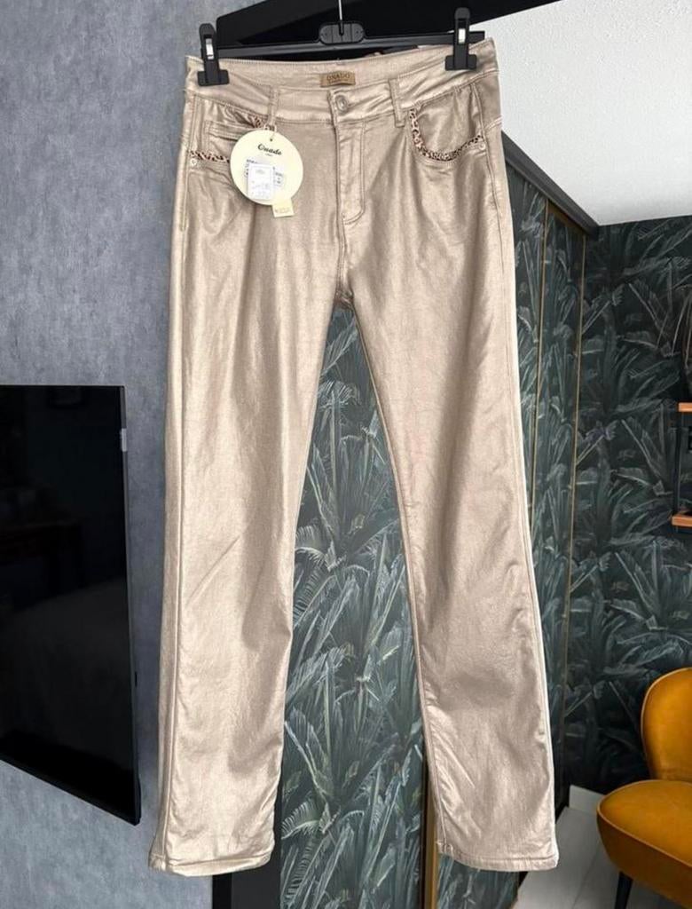 Goud/brons kleurige broek mt 38, valt groter, veel stretch, Kleding | Dames, Maat 38/40 (M), Overige kleuren, Ophalen of Verzenden