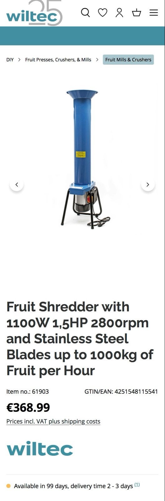 WilTec Fruit Shredder, Ophalen, Gebruikt, Elektrisch