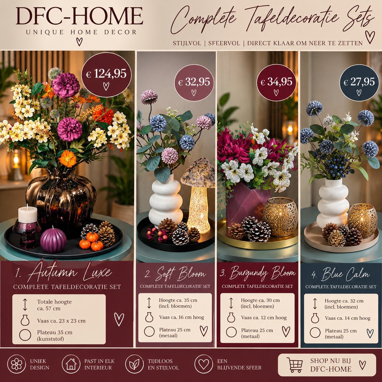 Burgundy Tafeldecoratie Set | Compleet | Envelop vaas, Binnen, Inclusief kunstbloemen, Ophalen of Verzenden, Boeket