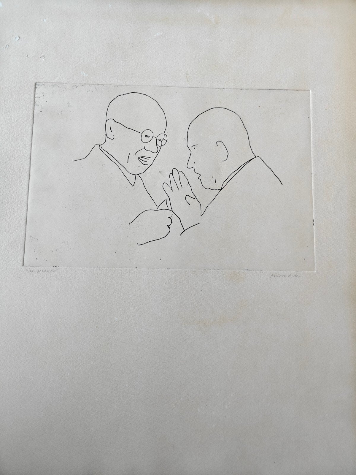 Gesigneerde ets "In gesprek" van Woudstra, Antiek en Kunst, Kunst | Etsen en Gravures, Ophalen, Origineel, Dagelijks leven, 1950 - 1999
