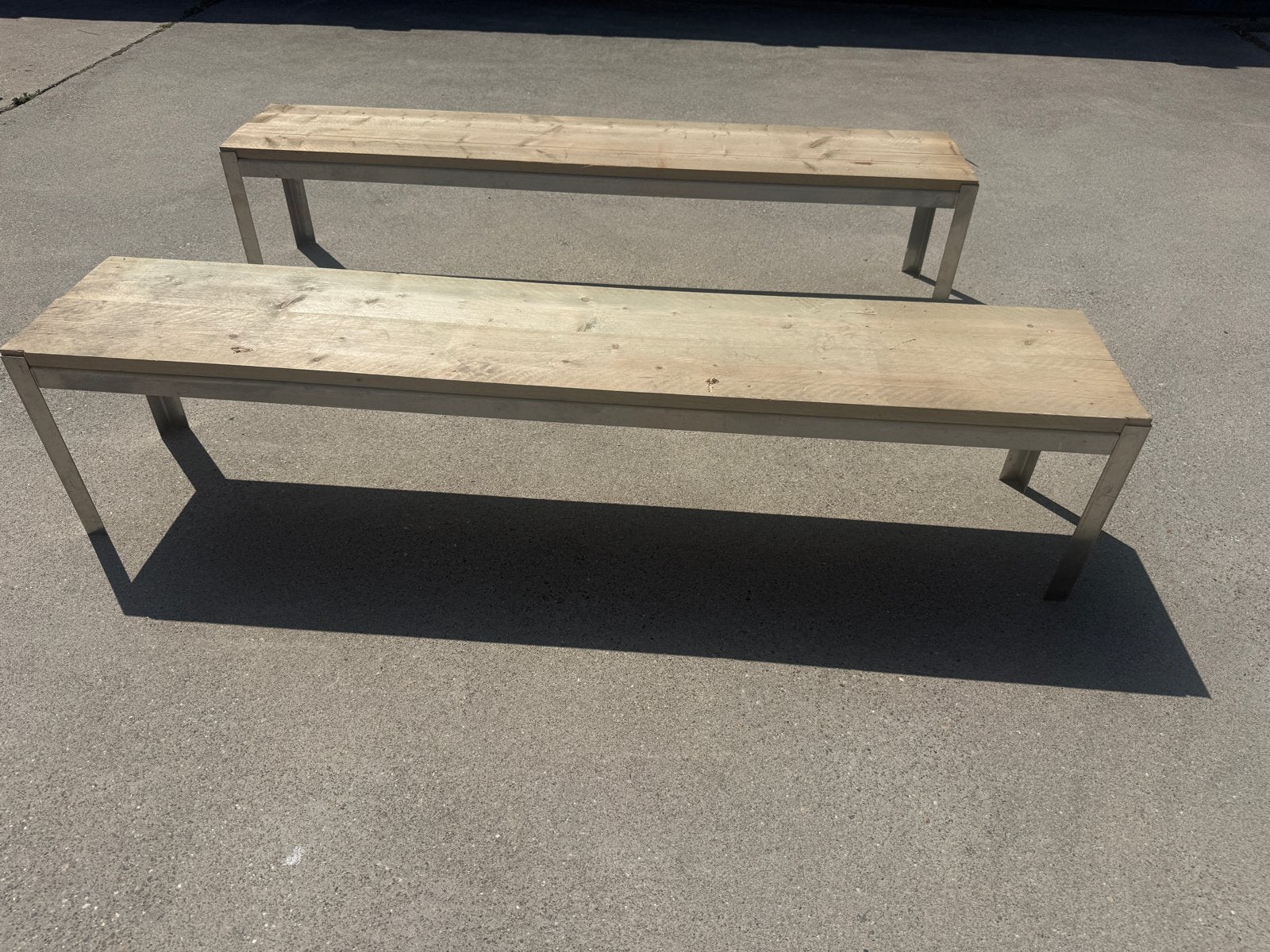 2 Steigerhouten bankjes met RVS frame, Ophalen, Gebruikt, Minder dan 75 cm, Rechte bank