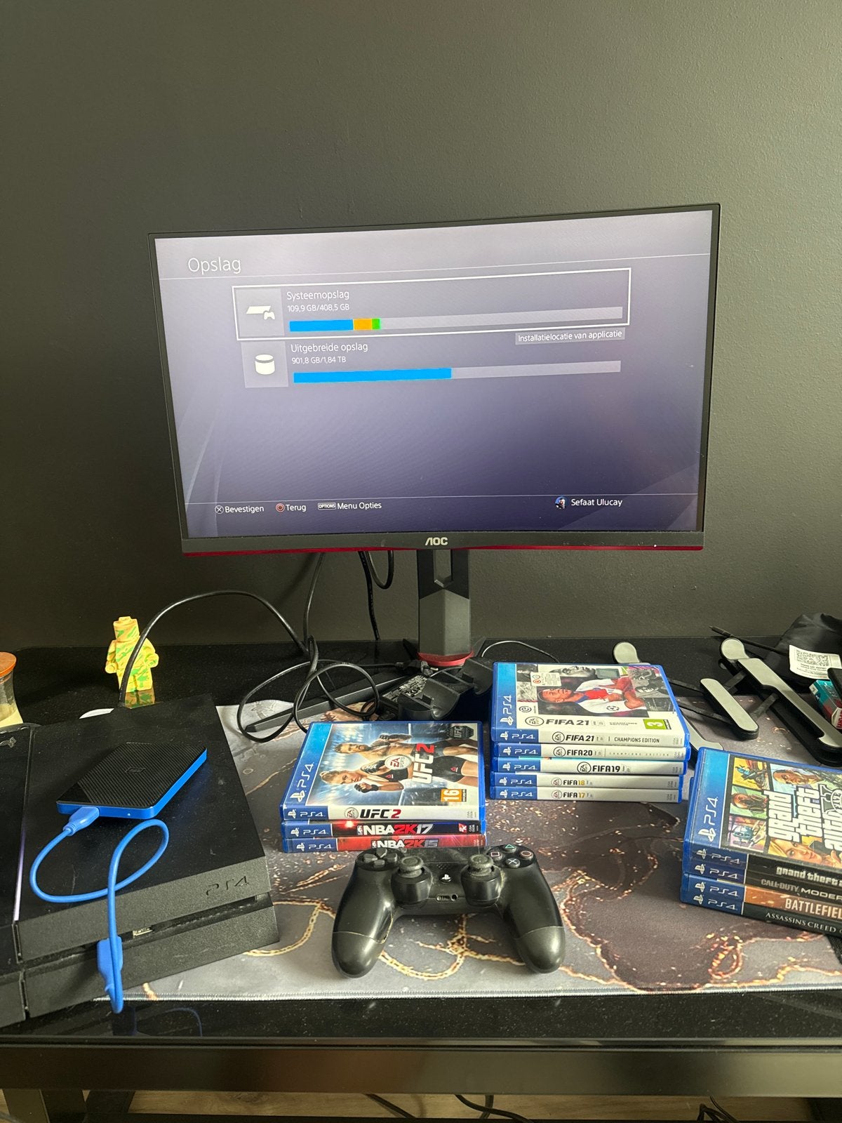 PlayStation 4 met externe harde schijf, controller en games, Ophalen of Verzenden, Met 1 controller, Original, 500 GB
