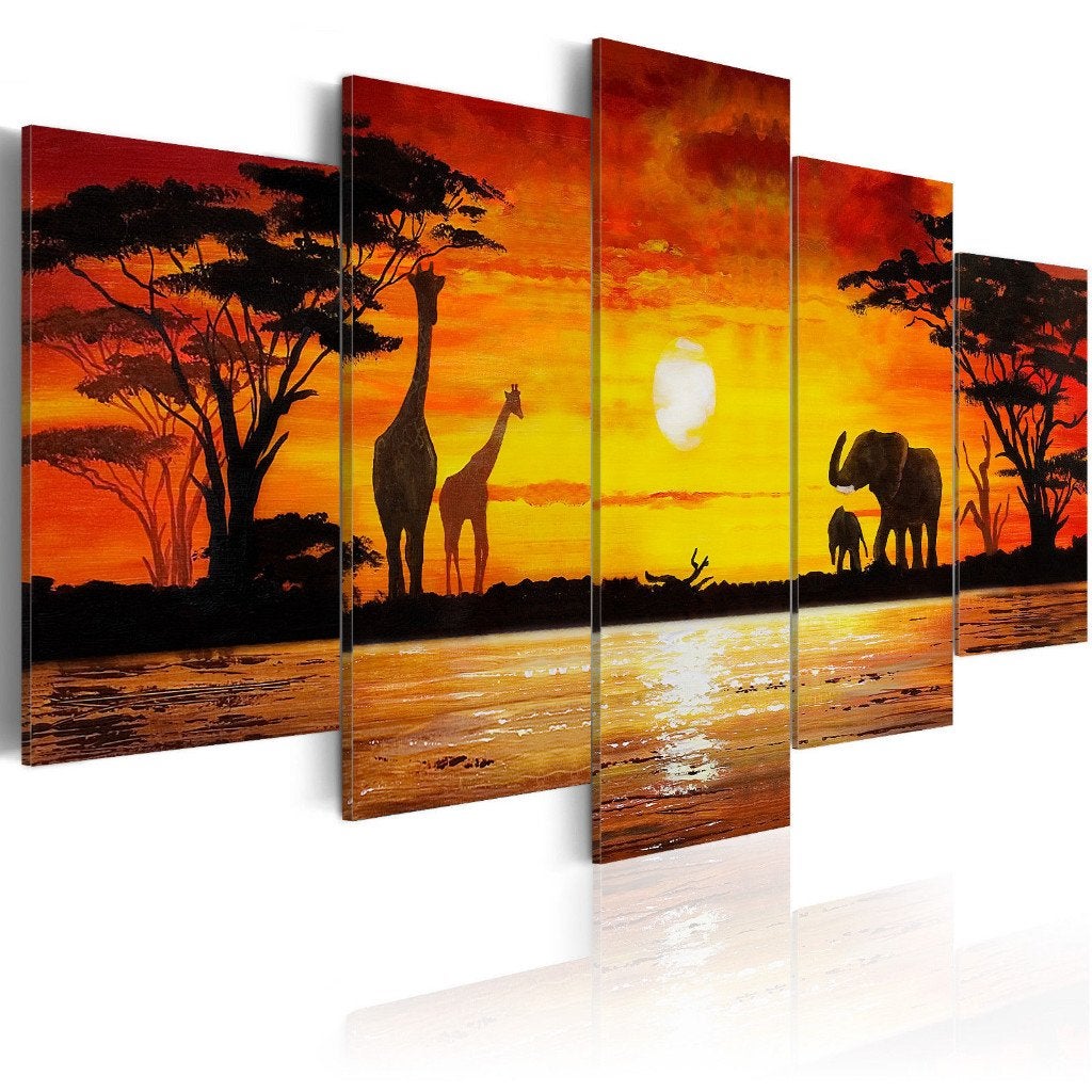 703 Afrika Olifant Giraffe 5 Luik Canvas Schilderij 200x100, Ophalen of Verzenden