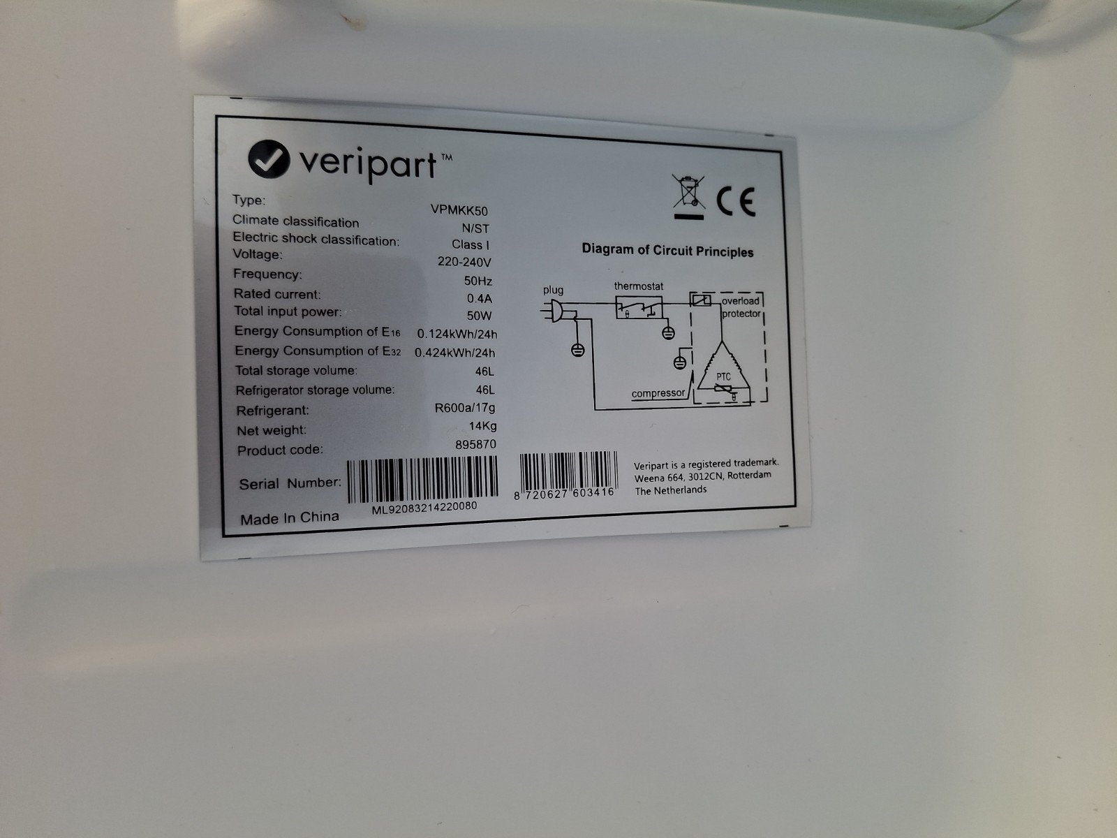 Veripart VPMKK50 Koelkast 46 liter - Zo goed als nieuw, Witgoed en Apparatuur, Koelkasten en IJskasten, Ophalen, Zonder vriesvak