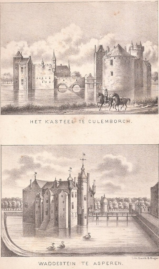 Het Kasteel te Culemborch & Waddestein te Asperen Litho 1875, Antiek en Kunst, 1800 - 1899, Architectuur, Ophalen of Verzenden