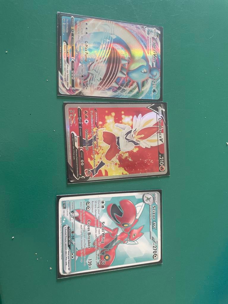 Pokémon kaarten: Lapras VMAX, Cinderace V, Scizor ex (met ho, Ophalen of Verzenden, Zo goed als nieuw, Meerdere kaarten