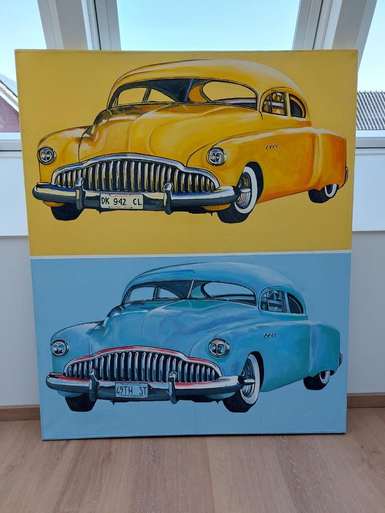 Schilderij met twee oldtimer auto's Buick Cuba 120x100 cm, Ophalen