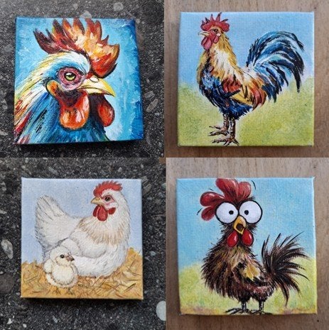 Kleine schilderijtjes Kip en Haan, 7x7 cm, Ophalen, Minder dan 50 cm, Oorspronkelijke maker, Nieuw