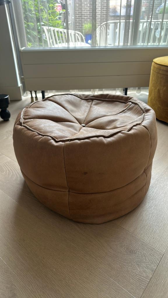 Vintage leren poef, Gebruikt, Ophalen of Verzenden, Vintage, Rond