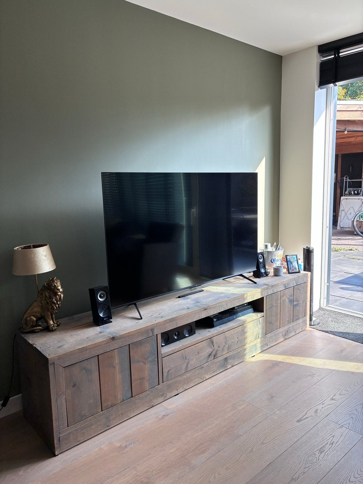 TV-meubel van steigerhout met 3 lades, Ophalen, Gebruikt, 200 cm of meer, Minder dan 100 cm