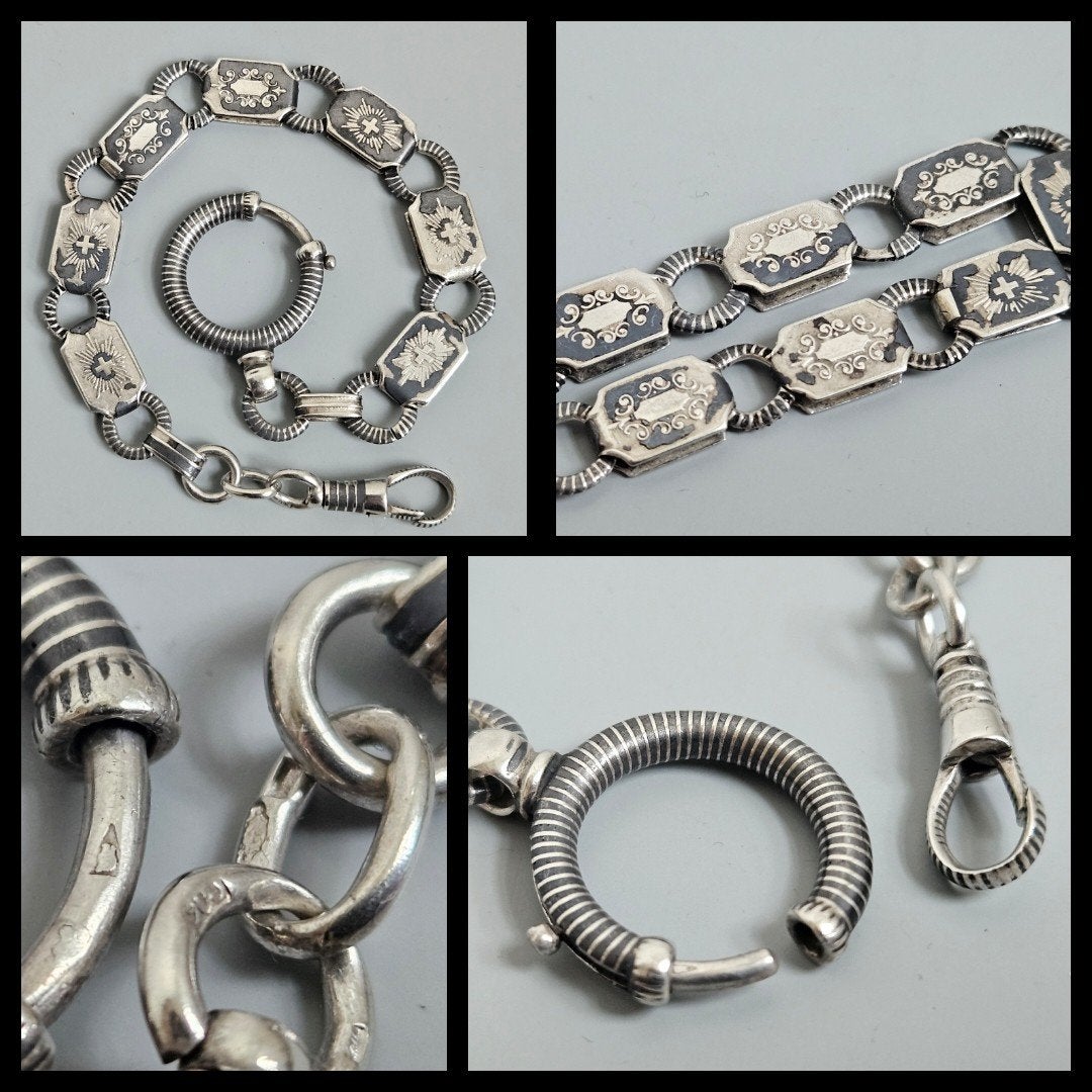 Antiek zilver,  Niëllo zilveren zakhorloge horlogeketting., Ophalen of Verzenden, Zilver, Ketting