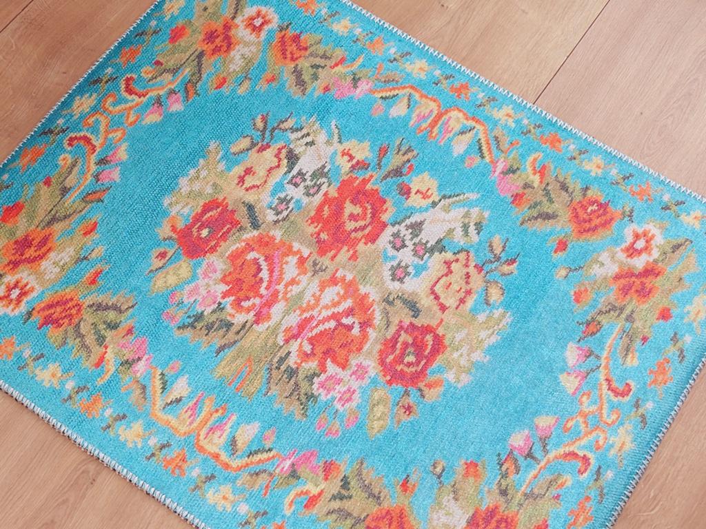 Nieuw turquoise vloerkleed/badmat met bloemenprint - oranje, Overige kleuren, Minder dan 50 cm, 50 tot 100 cm, Nieuw