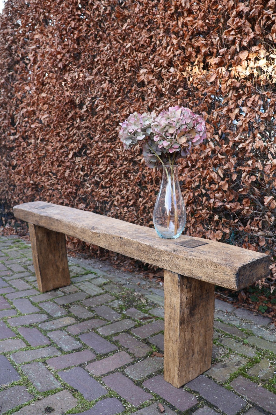 Rustiek eikenhouten decoratie bankje, Huis en Inrichting, Ophalen, 100 tot 150 cm, Rustiek, Eikenhout