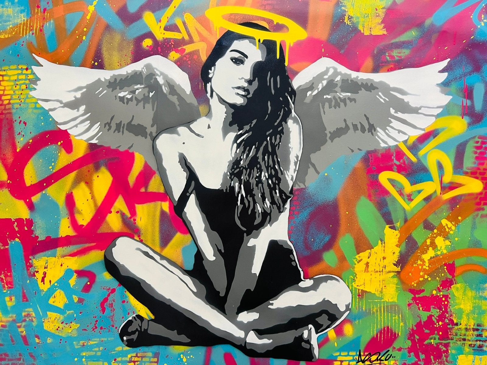 Believe - Asko (kleurrijk, spray paint, 111 x 111 cm), Figuren, Ophalen of Verzenden, Gesigneerd, Overige materialen
