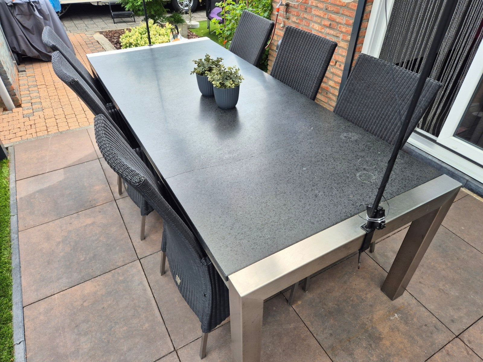RVS tuintafel 240x100 met 6 bijpassende stoelen, Tuin en Terras, Tuinsets en Loungesets, Ophalen, Gebruikt, 6 zitplaatsen, Rvs