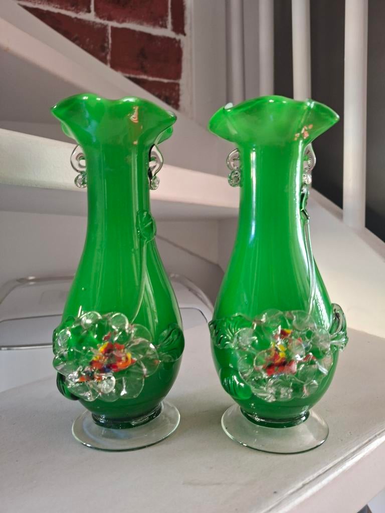 Set van 2 Chinese groene glazen vazen, Ophalen of Verzenden