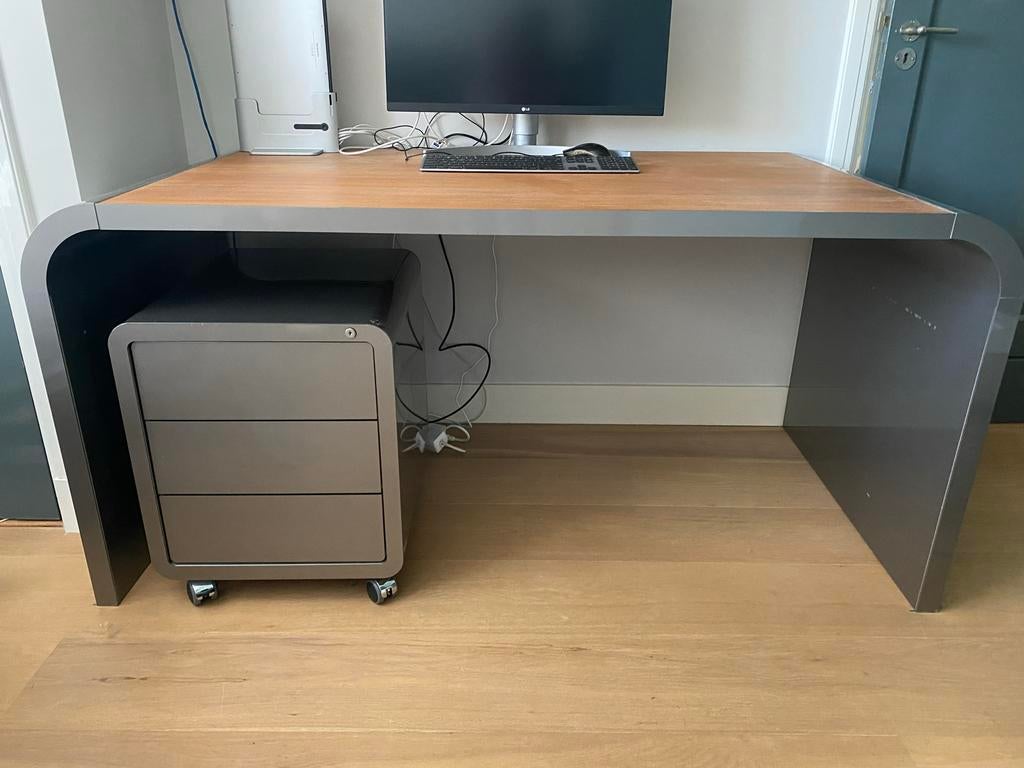Müller Bureau en ladenblok - Staubgrau met walnoten blad, Ophalen, 160 cm, Gebruikt, Hout