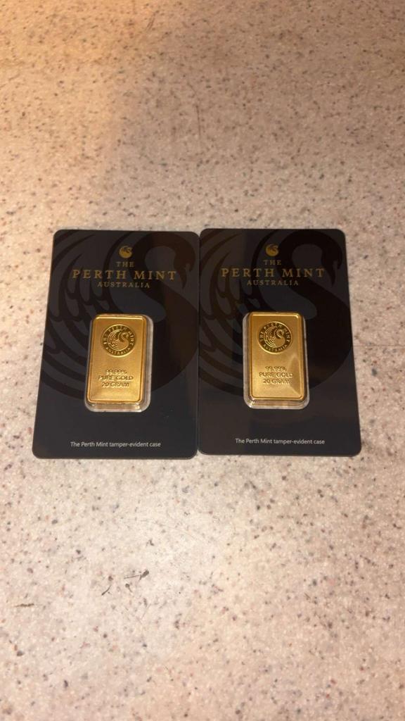 2x Perth Mint 20 gram puur goud baar 99.99%, Ophalen of Verzenden, Goud