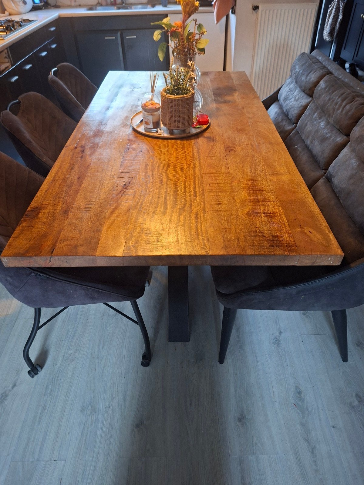 Complete eettafelset met 3 stoelen en bank, Gebruikt, 50 tot 100 cm, Vijf personen of meer, 150 tot 200 cm