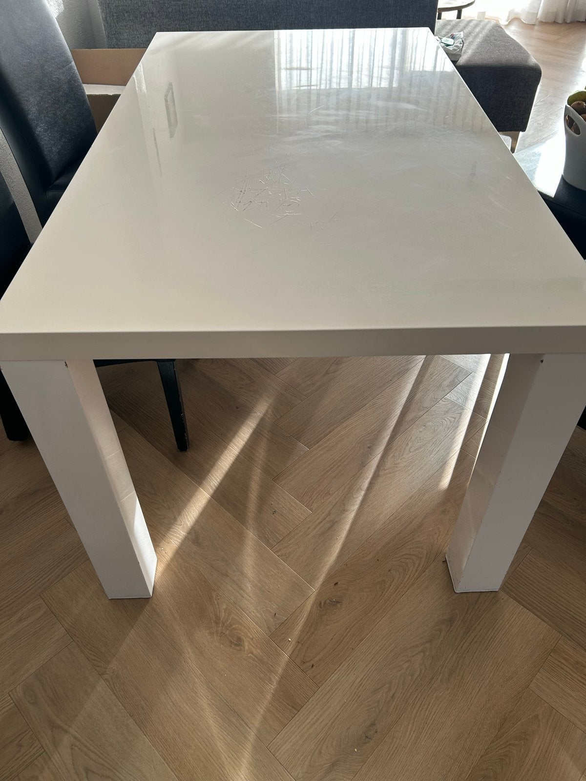 160/90 Witte eettafel en 4 eetstoelen, Ophalen, Overige materialen, Gebruikt, 50 tot 100 cm