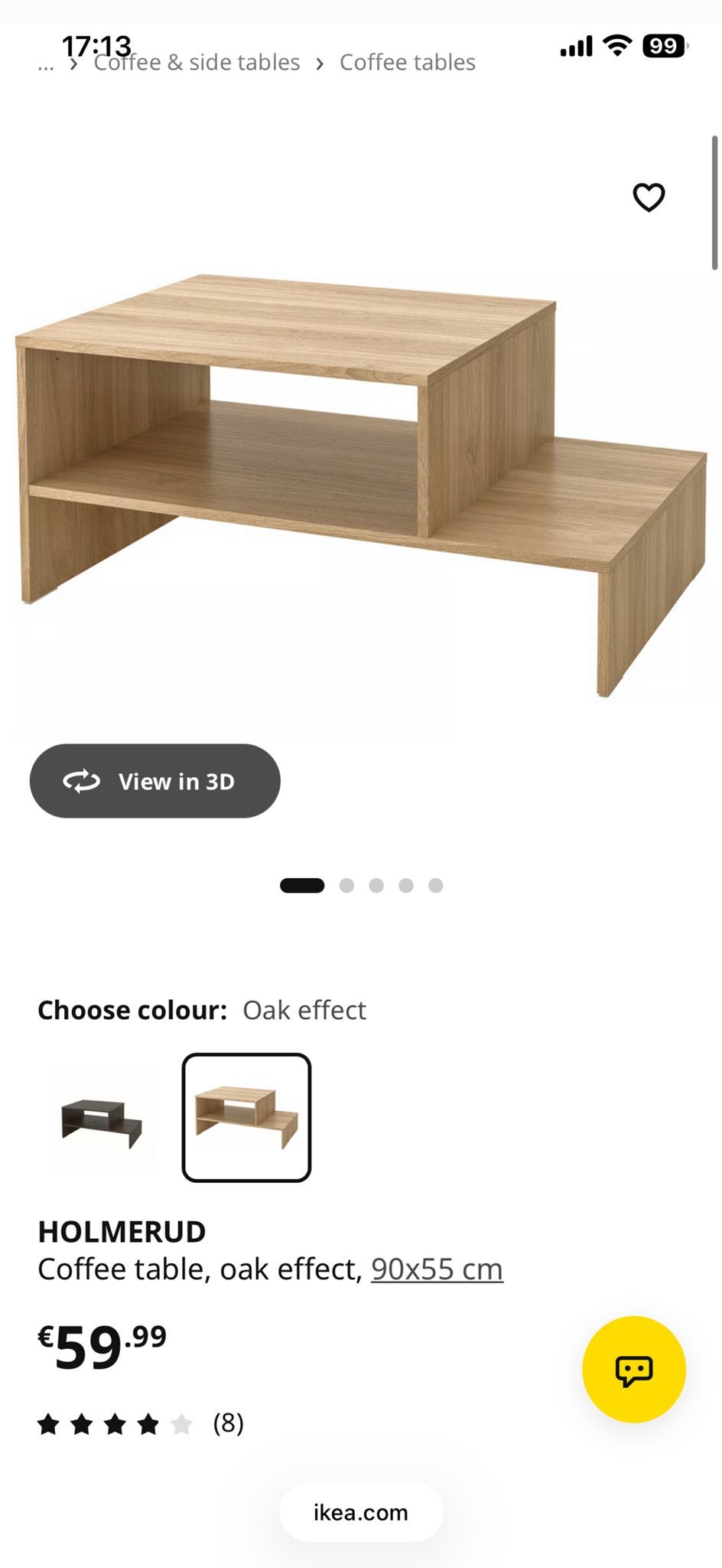 IKEA HOLMERUD Salontafel - Eiken effect, Ophalen, 100 tot 150 cm, 50 tot 100 cm, Zo goed als nieuw
