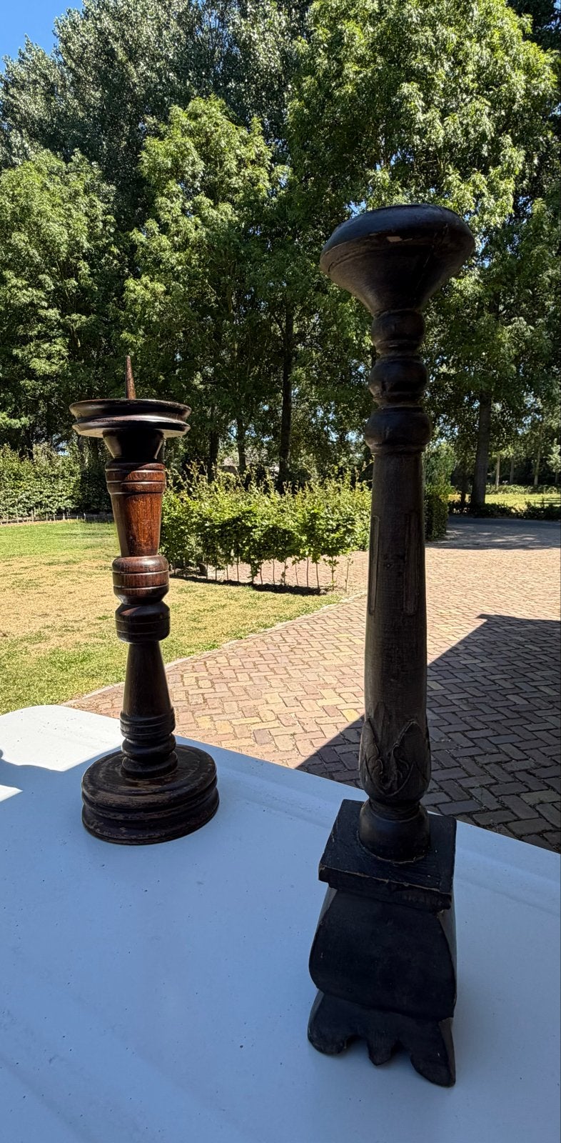 Antieke houten en atalen  kandelaars 3 stuks, Ophalen of Verzenden, Overige materialen