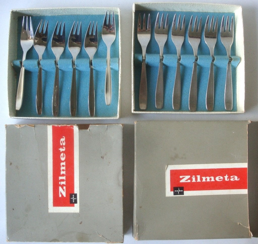 Twee sets van 6 stuks Gero Zilmeta gebaksvorkjes, goede staa, Antiek en Kunst, Ophalen of Verzenden