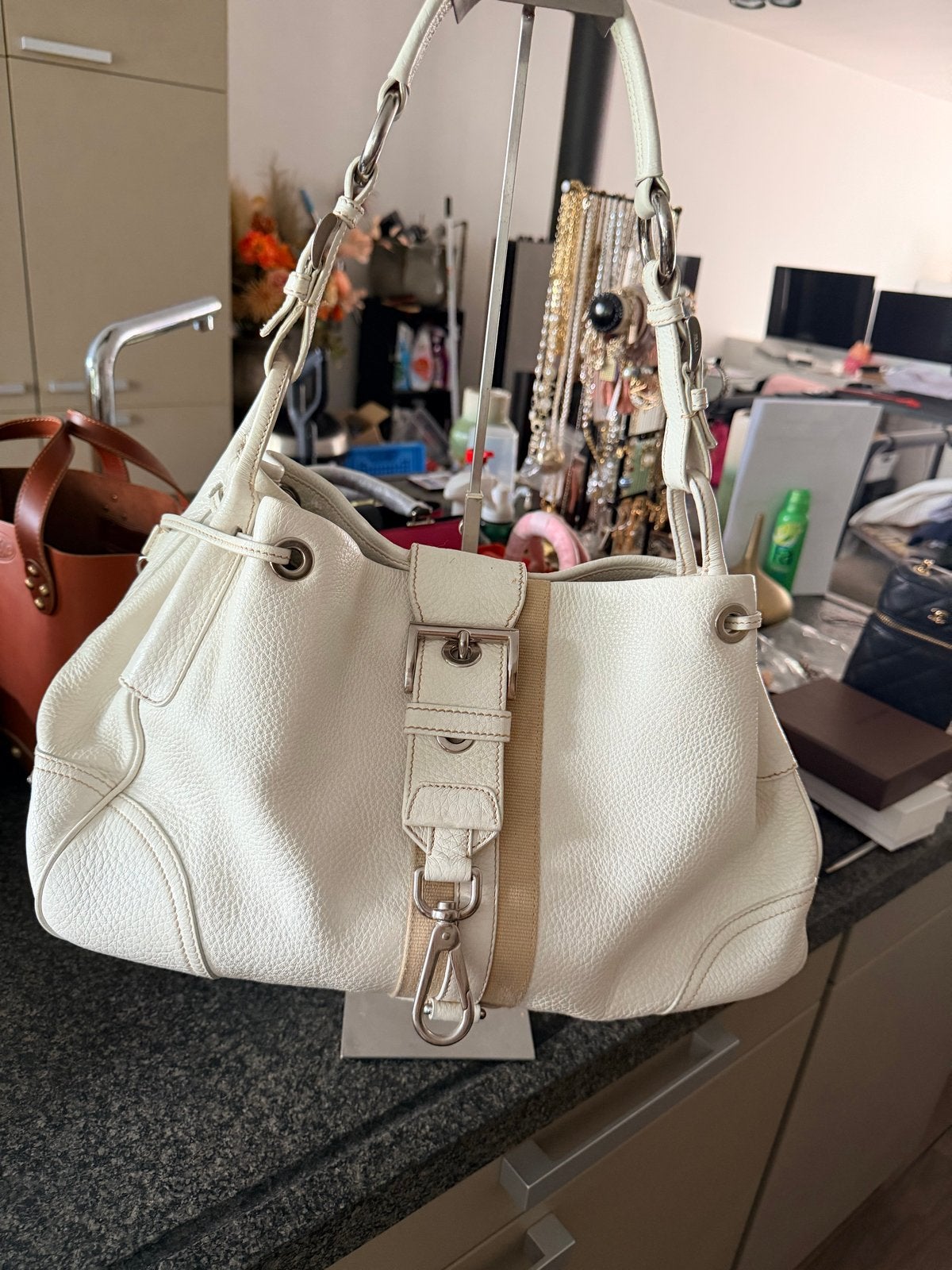 Prada Vintage Handtas Kalfs Leer - Crème/Beige, Ophalen of Verzenden, Zo goed als nieuw, Beige, Handtas