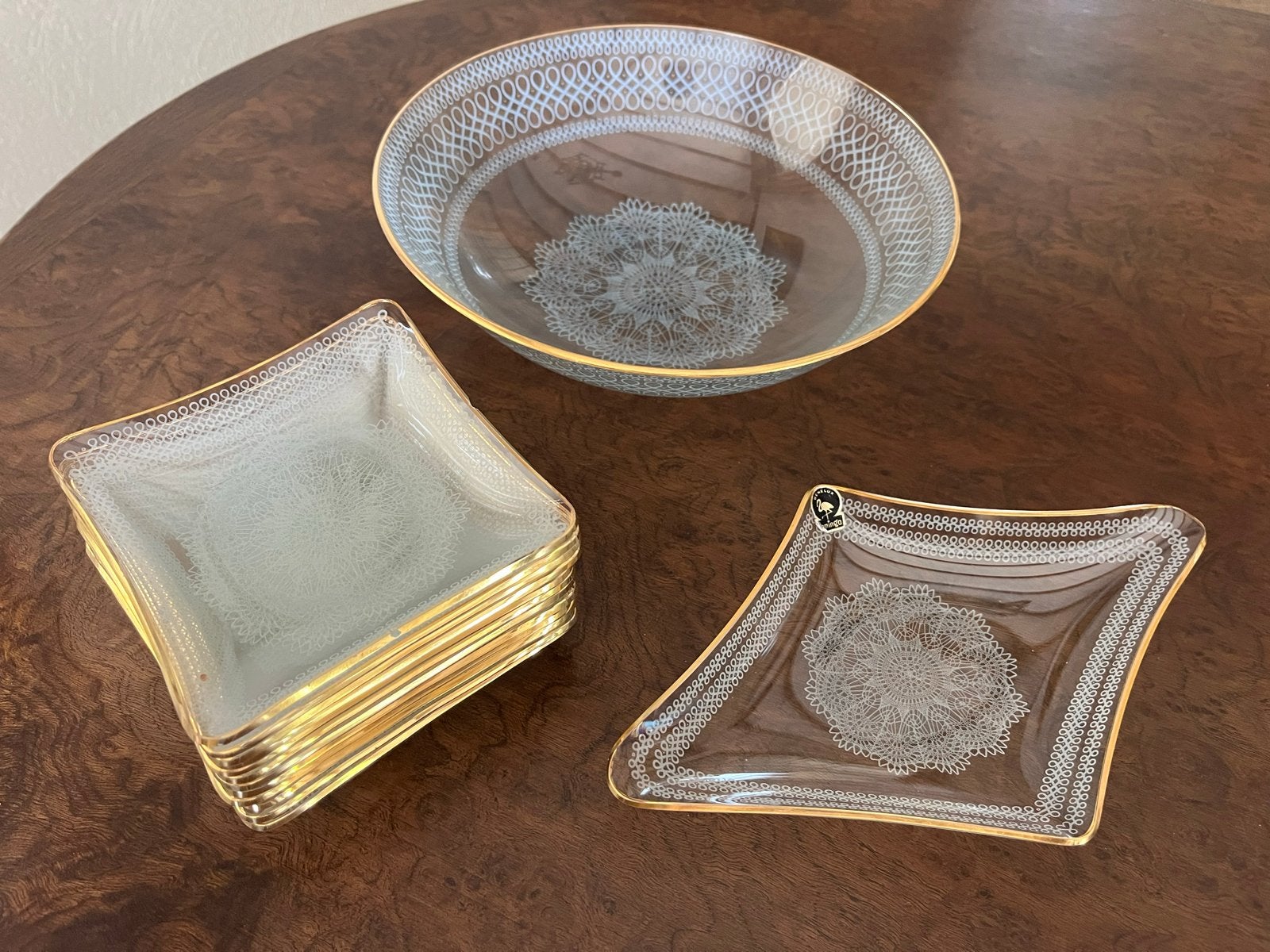 Vintage Benelux Flamingo Glazen Schalen Set, Antiek en Kunst, Ophalen of Verzenden