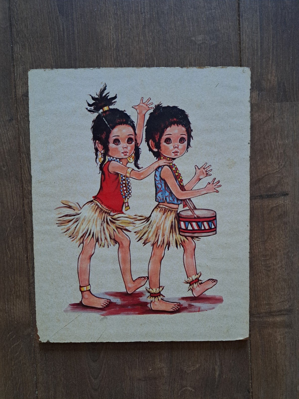 Vintage prent hardboard 2 kinderen met trommel 29,5-23,5 cm, Ophalen of Verzenden, Gebruikt, Minder dan 50 cm