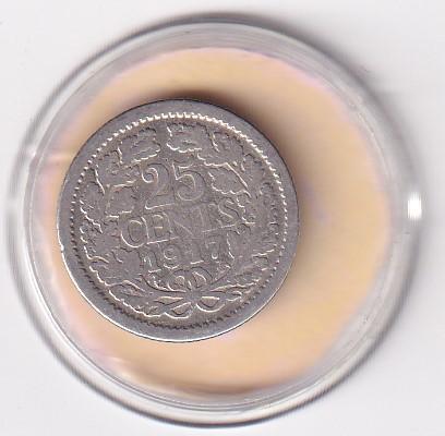 25 Cent 1917 met randtikje, Verzenden, Zilver, 25 cent, Koningin Wilhelmina