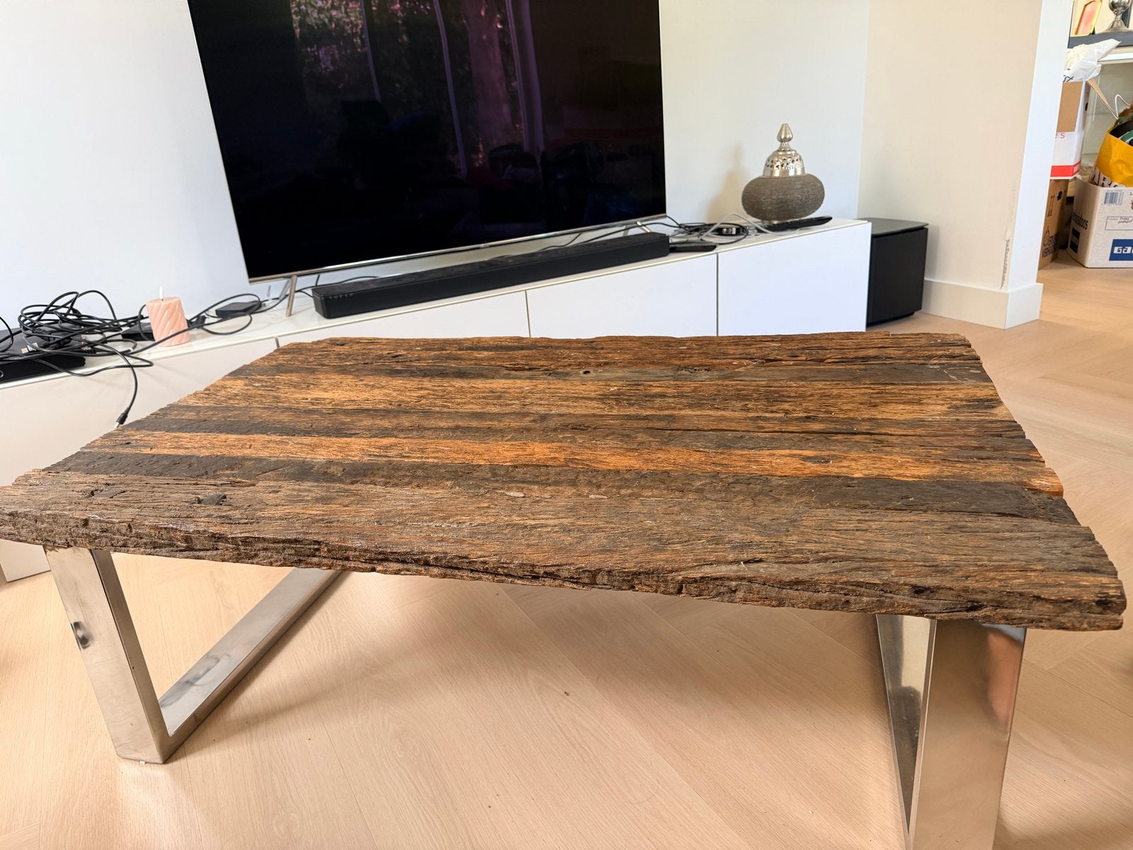 Salontafel van railway hout met metalen onderstel, Ophalen, Gebruikt, 50 tot 100 cm, 100 tot 150 cm