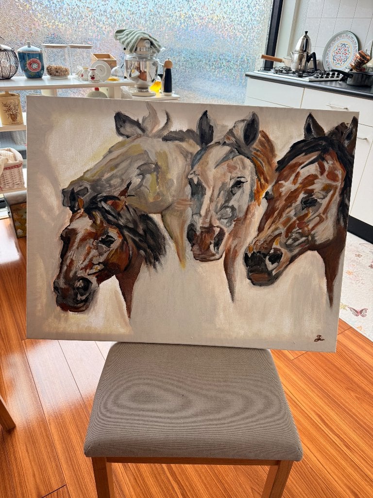 Prachtig groot paarden schilderij – 81x61 cm – canvas, Ophalen, Acrylverf, Dieren