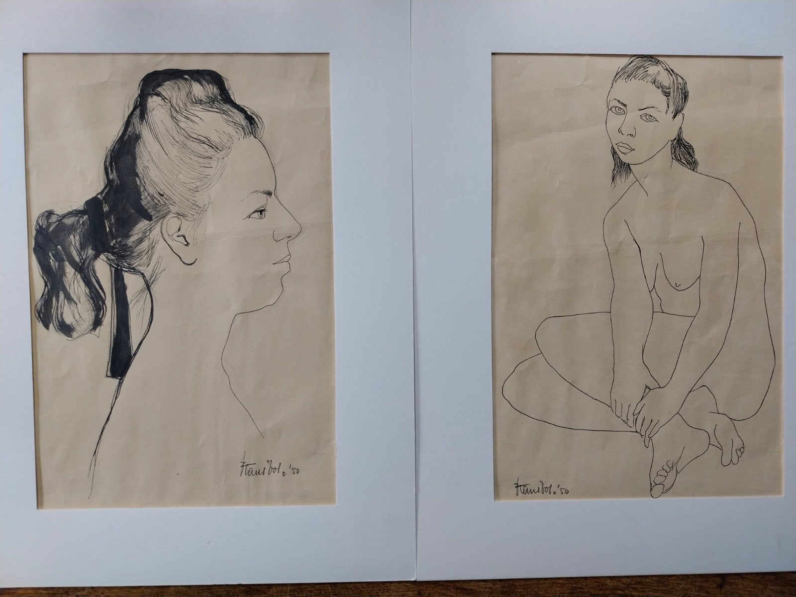 2 originele inkt tekeningen van Frans Vos 1924-1964., Ophalen of Verzenden