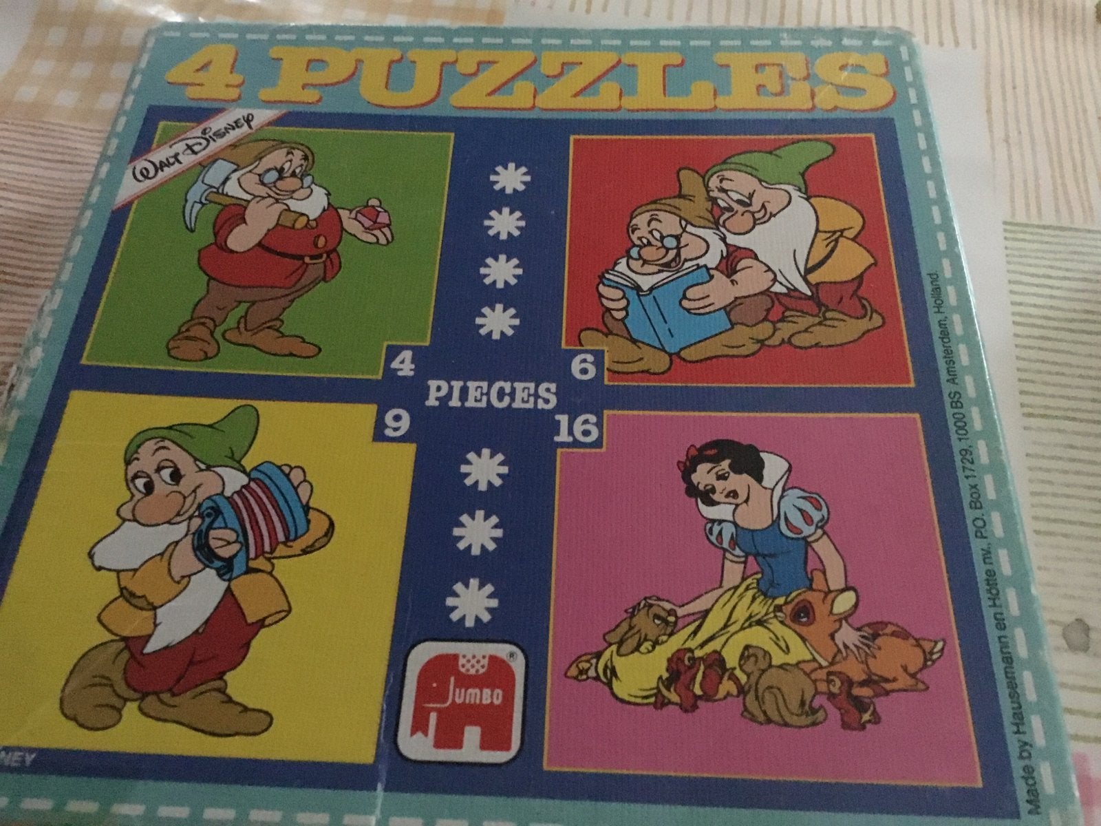 Vintage Jumbo Walt Disney 4 Puzzels Sneeuwwitje, Ophalen of Verzenden, 10 tot 50 stukjes, Gebruikt, 2 tot 4 jaar