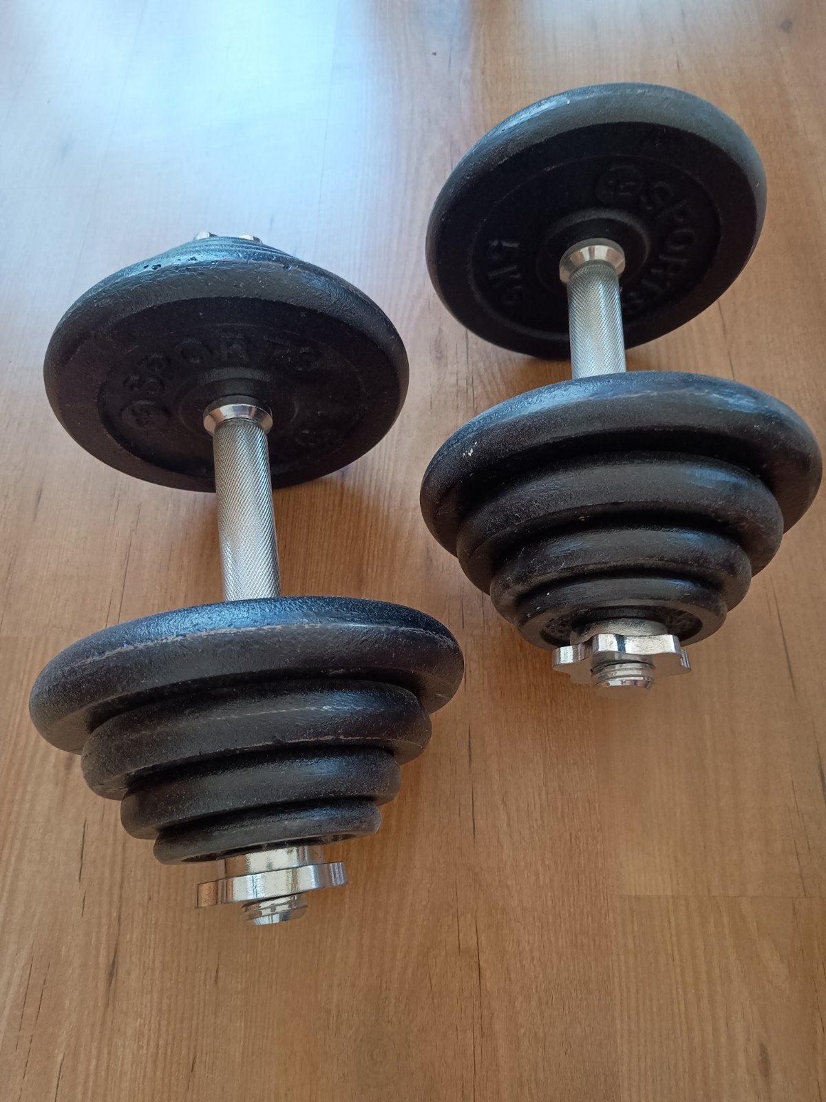 Verstelbare Halterset 2x15kg (30kg totaal) Gietijzer, Ophalen, Gebruikt, Rug, Halterset