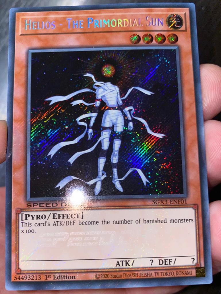Yu-Gi-Oh! Helios -  The Primordial Sun SGX3 1st Edition !, Ophalen of Verzenden, Zo goed als nieuw, Losse kaart, Foil