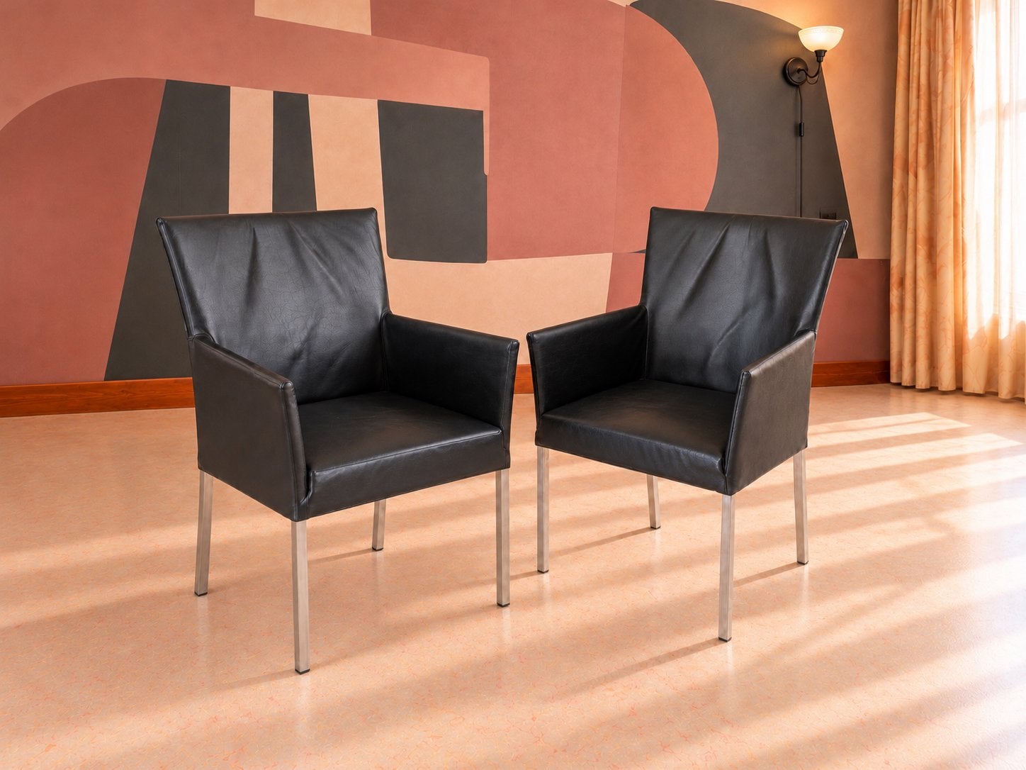 4 Bert Plantagie design eettafelstoelen, zwart leer & RVS, Ophalen, Gebruikt, Zwart, Leer