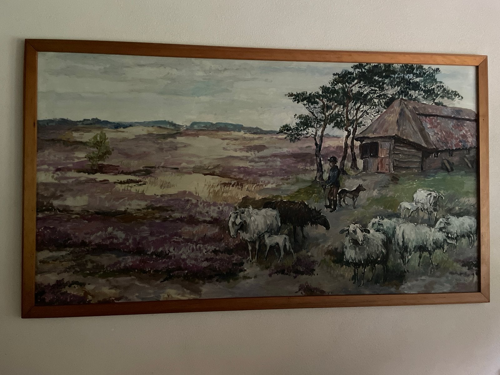 Groot heidelandschap met schapen en herder, gesigneerd, Ophalen, Doek, Realistisch, Gesigneerd