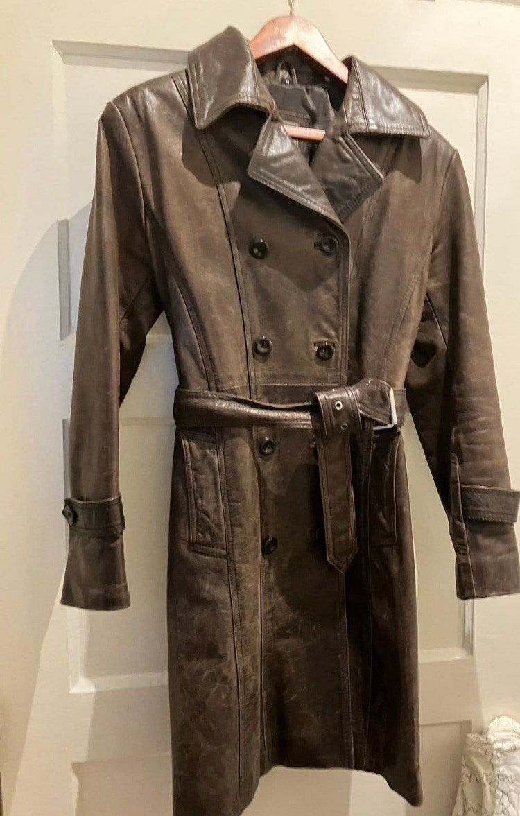 Stevige leren trenchcoat dames lederen jas leren leer leder, Ophalen of Verzenden, Gedragen, Bruin