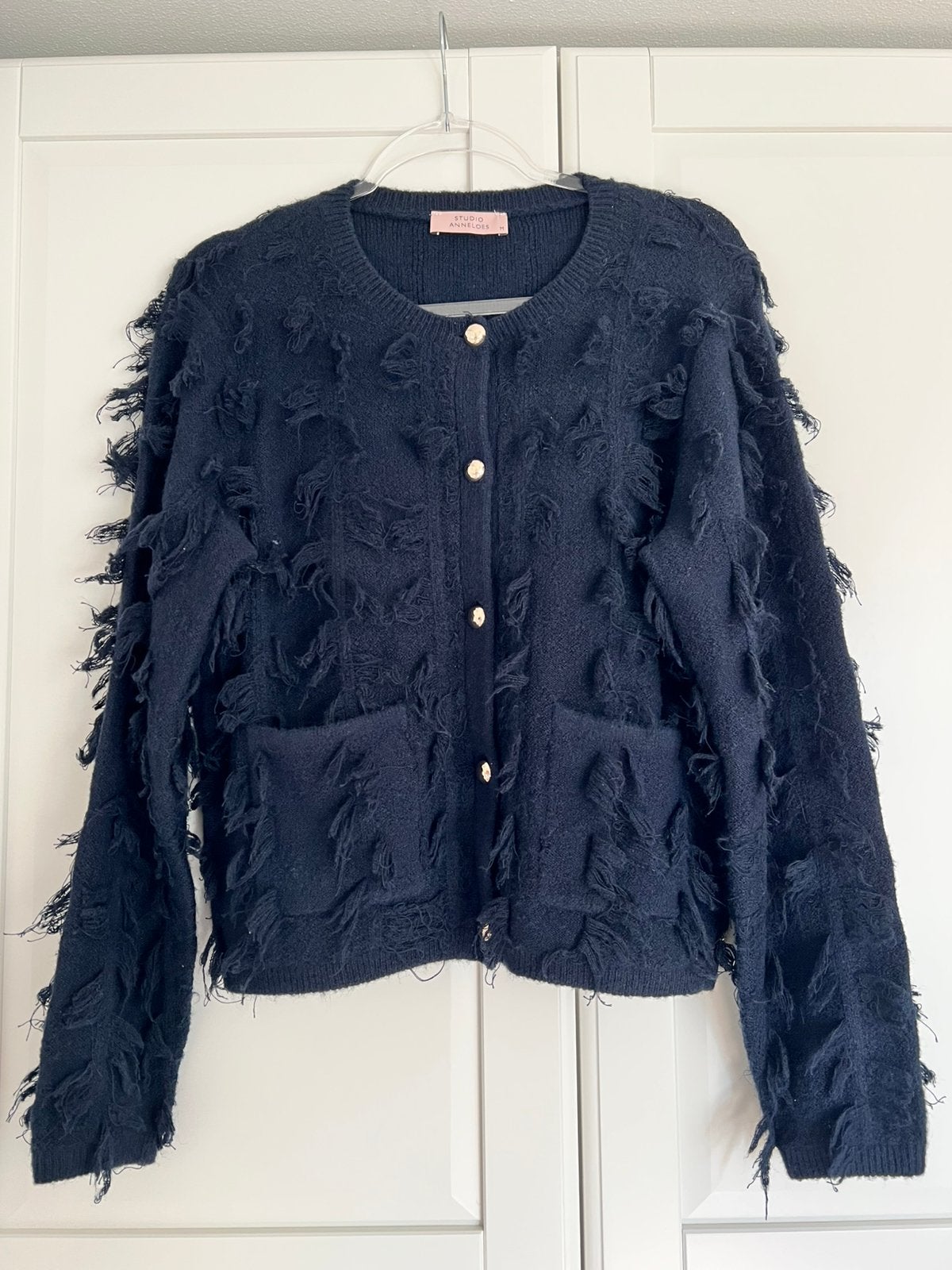 Studio anneloes anke fringe cardigan vest M donkerblauw, Maat 38/40 (M), Blauw, Ophalen of Verzenden, Zo goed als nieuw