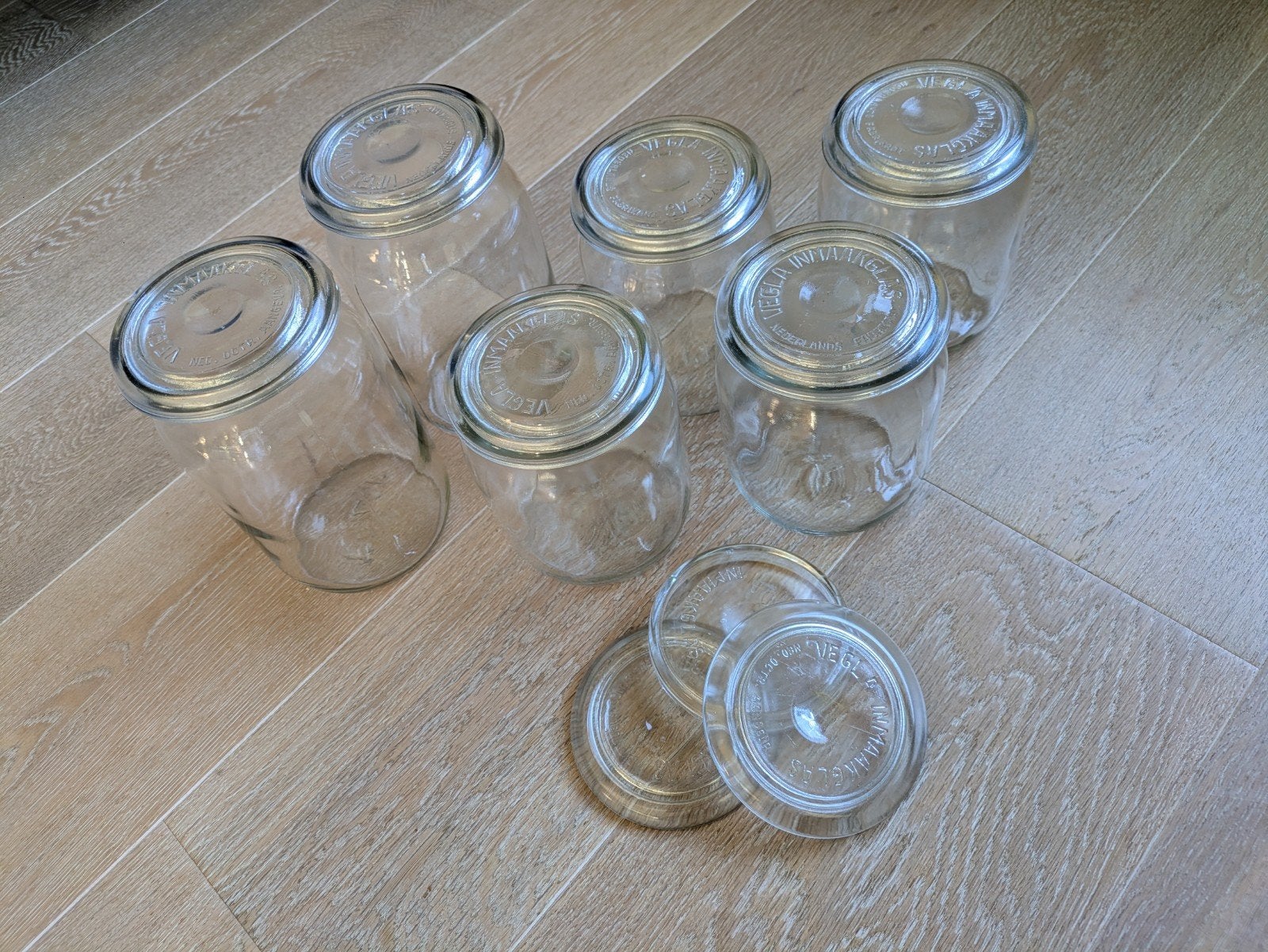 Weckpotten: 2x 1,5L, 4x 1L + 3 extra deksels, Ophalen of Verzenden, Gebruikt, Glas
