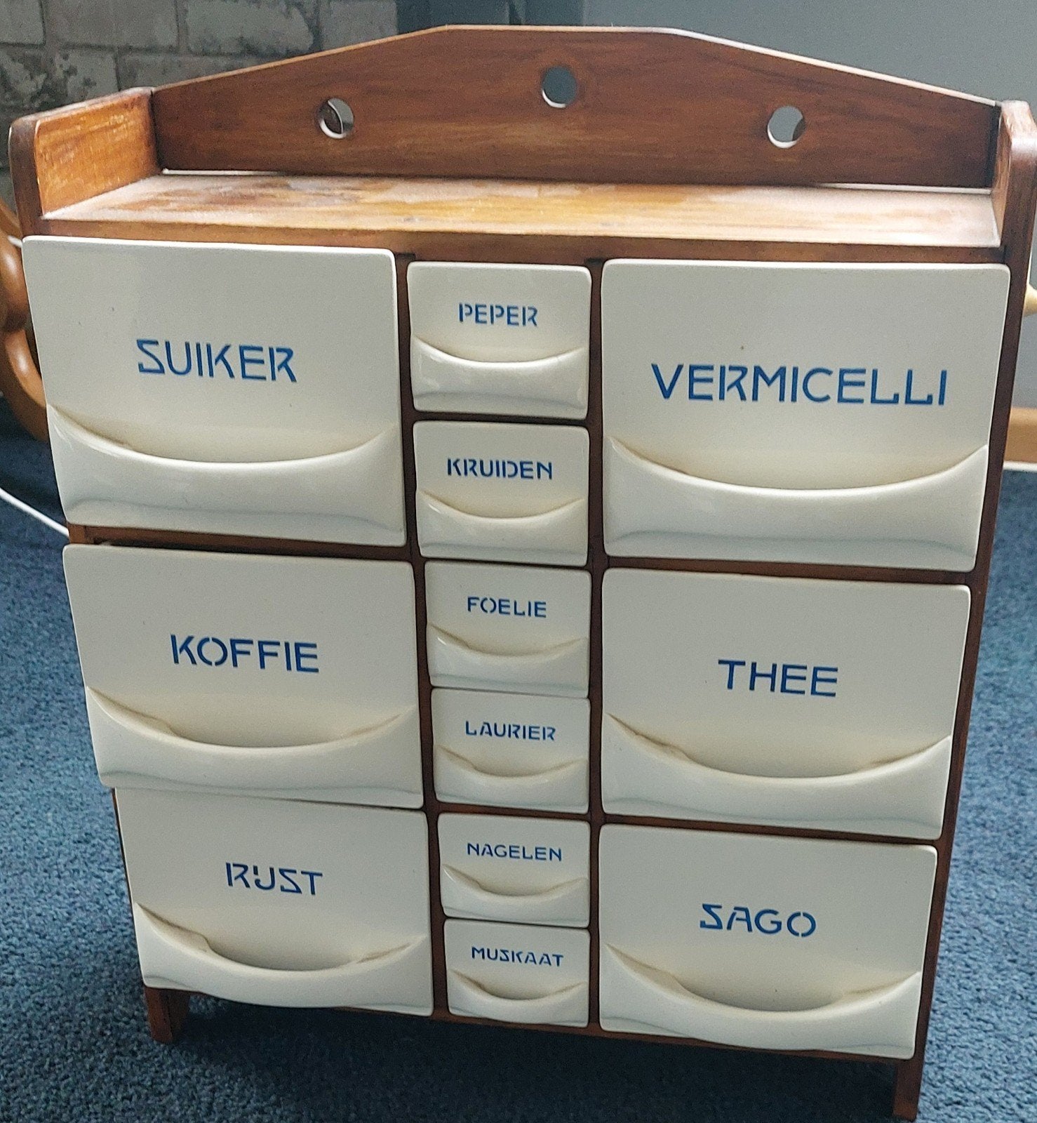 Vintage kruidenkastje met keramische lades, Ophalen
