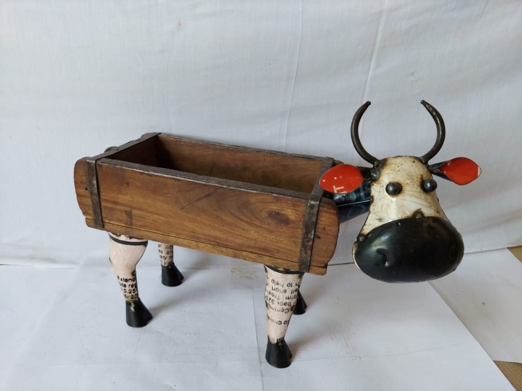 Steenmal met koe van oud blik - handmade uit India, Ophalen of Verzenden