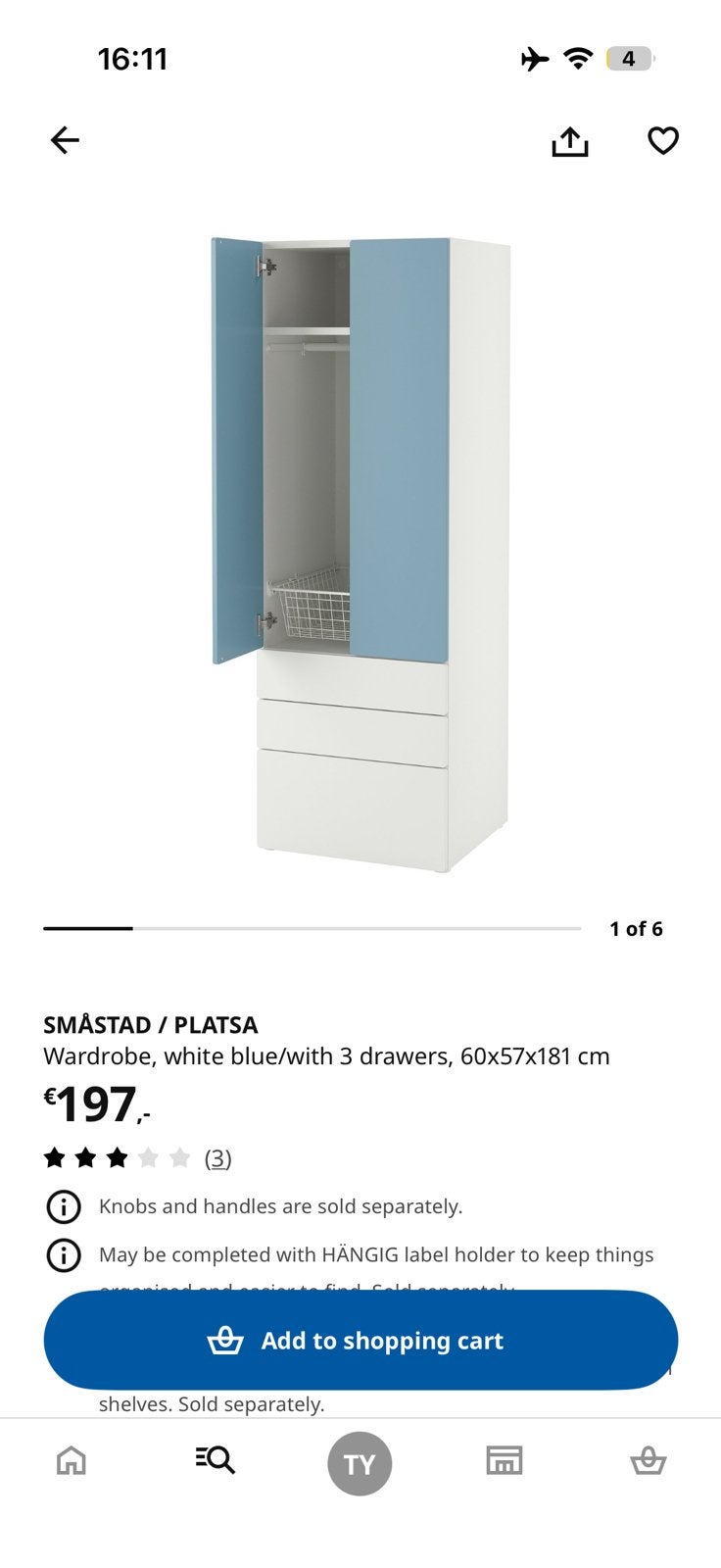 IKEA SMÅSTAD / PLATSA Wardrobe with 3 Drawers – White/Blue, Ophalen, 50 tot 100 cm, Zo goed als nieuw, Minder dan 100 cm
